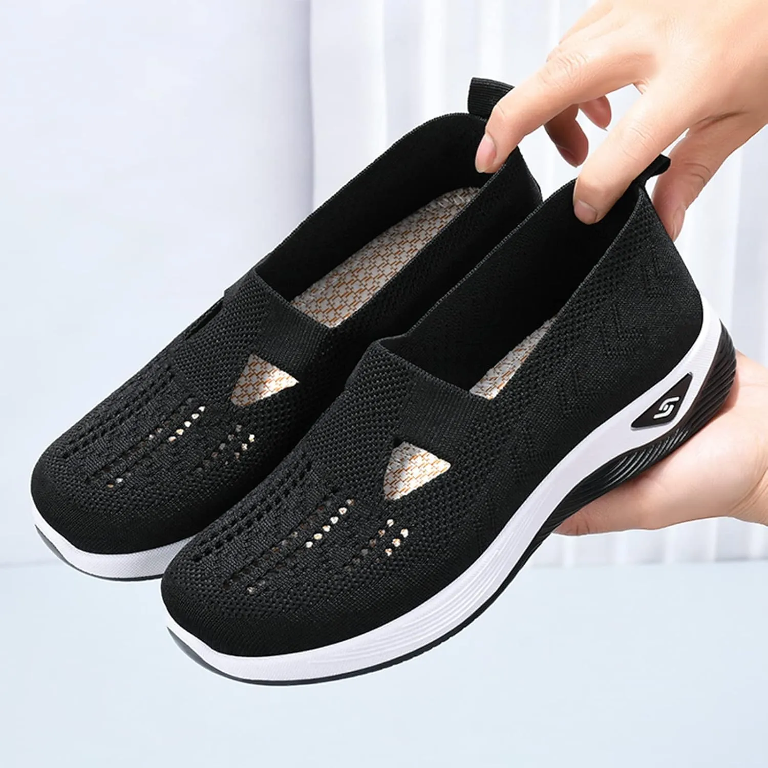 Cathalem Women's Woven Orthopedic Breathable Soft Shoes Hands Free Slip in Sneakers Go Walking Slip on Diabetic Foam Shoes