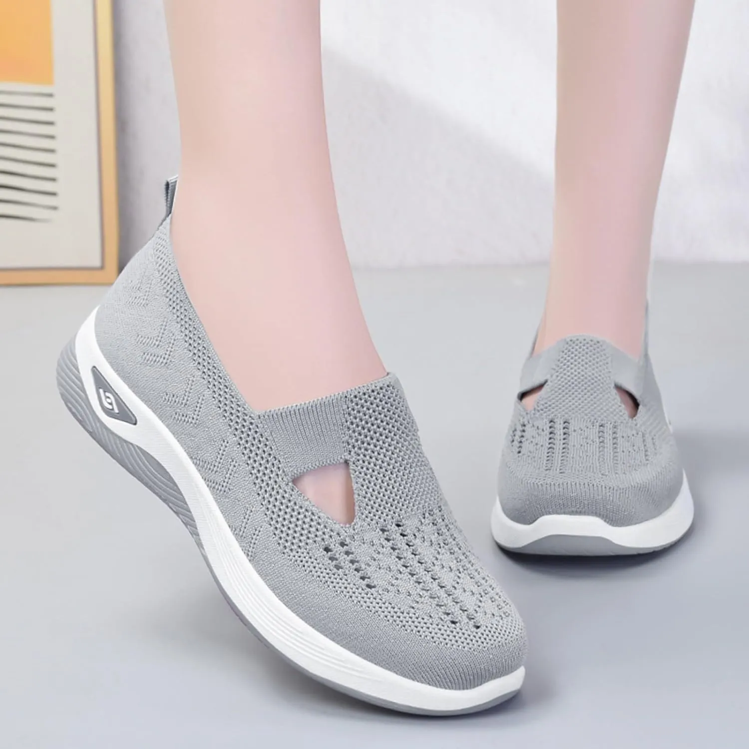 Cathalem Women's Woven Orthopedic Breathable Soft Shoes Hands Free Slip in Sneakers Go Walking Slip on Diabetic Foam Shoes