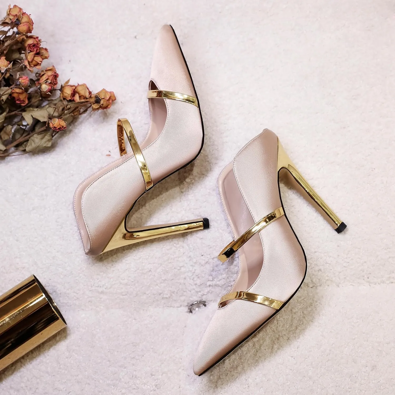 Joseywade Heeled Mules For Women High Heel Mules Slip On Heeled Sandals Pointed Toe Dress Pumps Gold Strap Backless Shoes 4.5 Inch