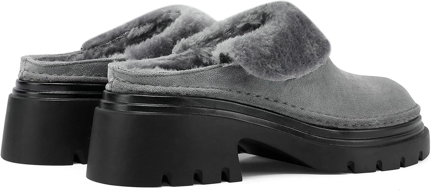LUXMAX Women Faux Fur Mules Platform Chunky Heel Slippers Slip On Block Heel Backless Loafers