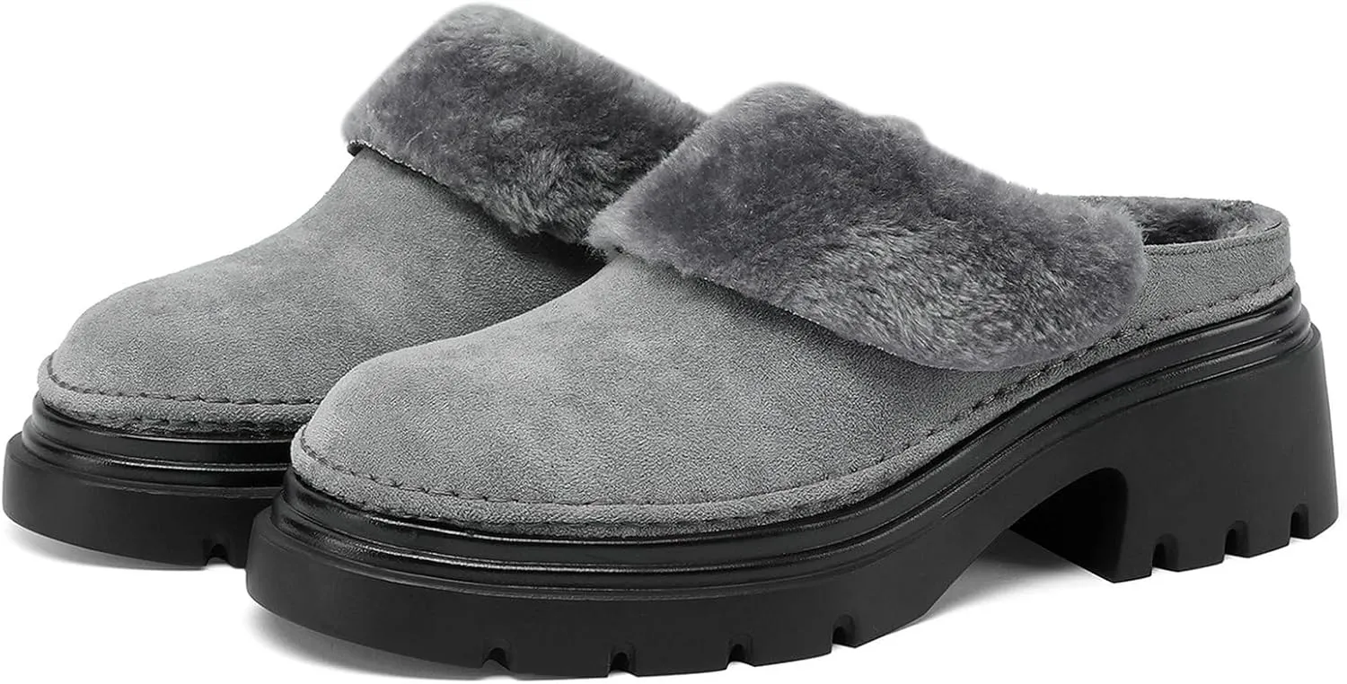 LUXMAX Women Faux Fur Mules Platform Chunky Heel Slippers Slip On Block Heel Backless Loafers