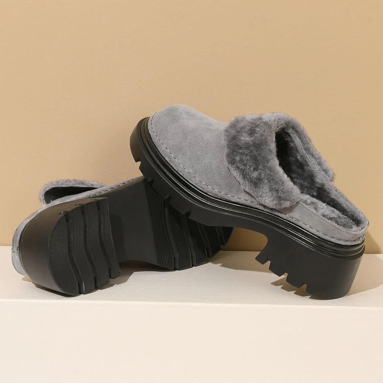 LUXMAX Women Faux Fur Mules Platform Chunky Heel Slippers Slip On Block Heel Backless Loafers
