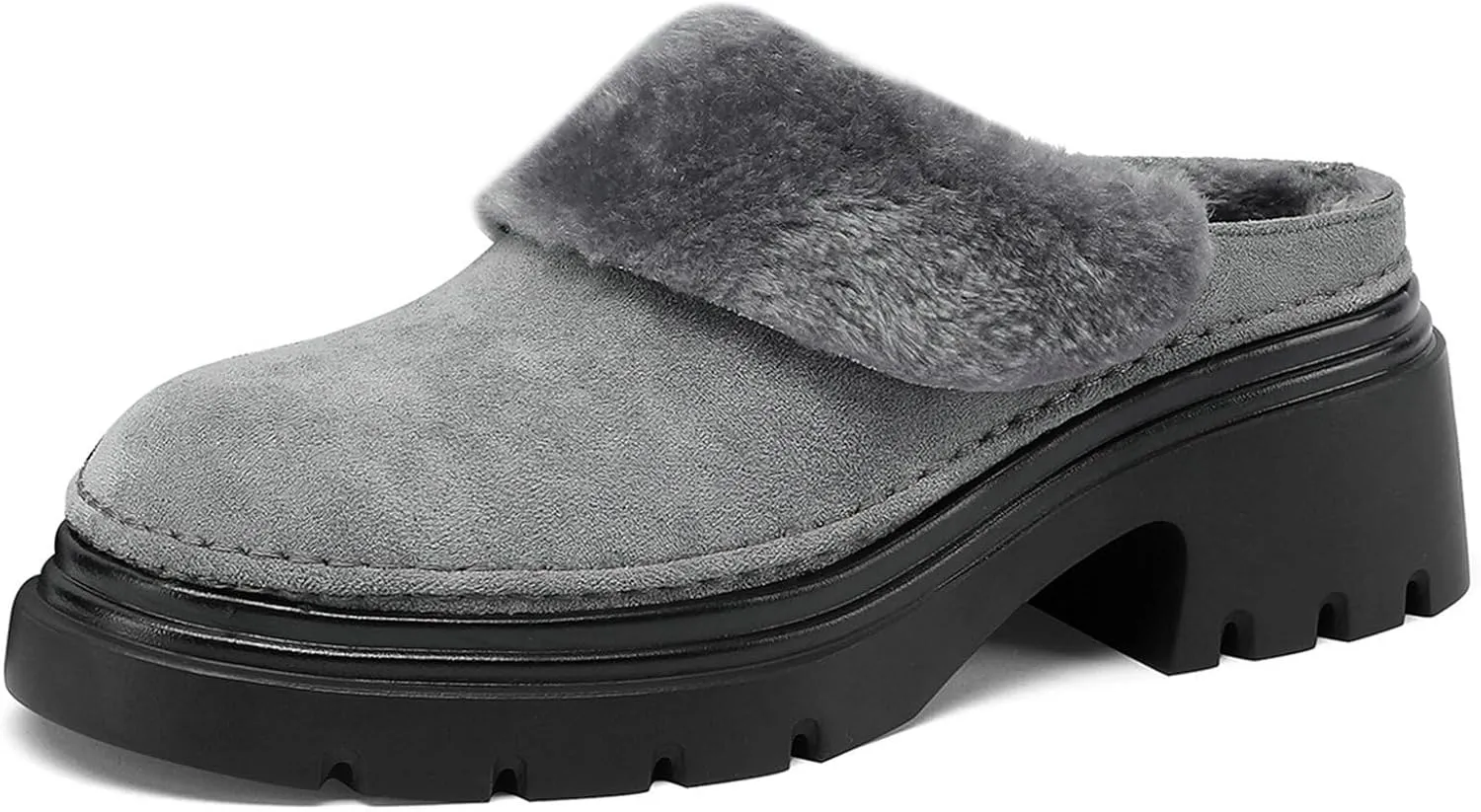 LUXMAX Women Faux Fur Mules Platform Chunky Heel Slippers Slip On Block Heel Backless Loafers