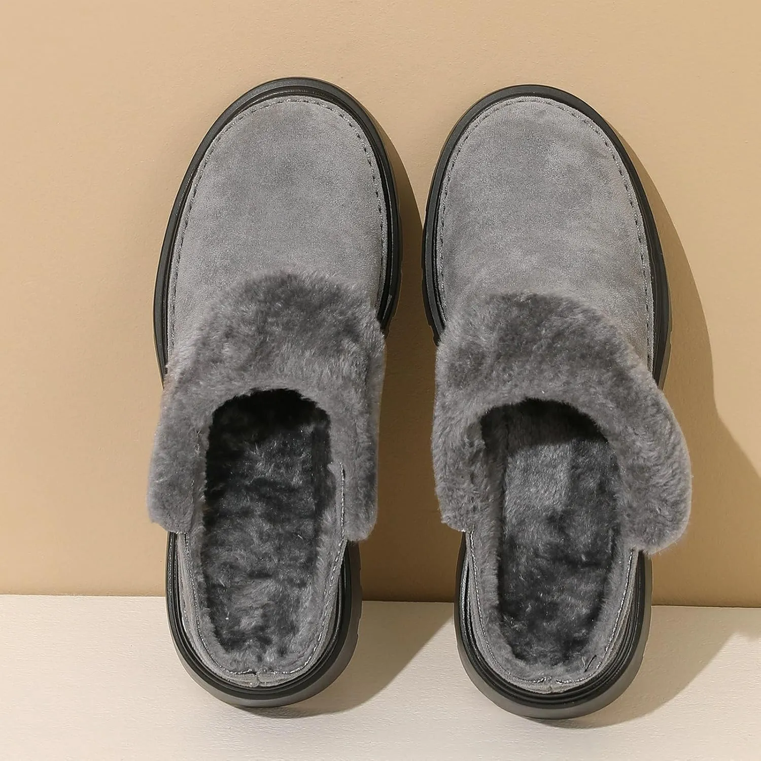 LUXMAX Women Faux Fur Mules Platform Chunky Heel Slippers Slip On Block Heel Backless Loafers