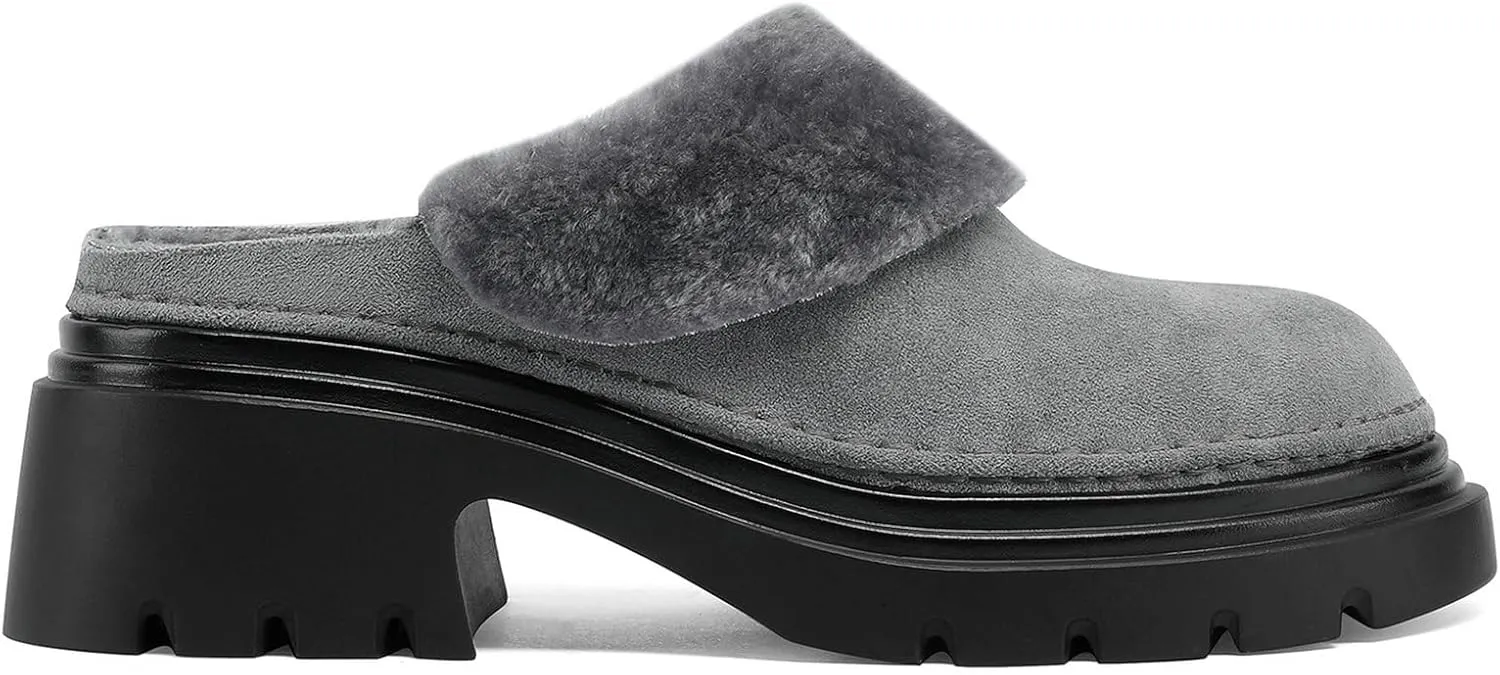 LUXMAX Women Faux Fur Mules Platform Chunky Heel Slippers Slip On Block Heel Backless Loafers