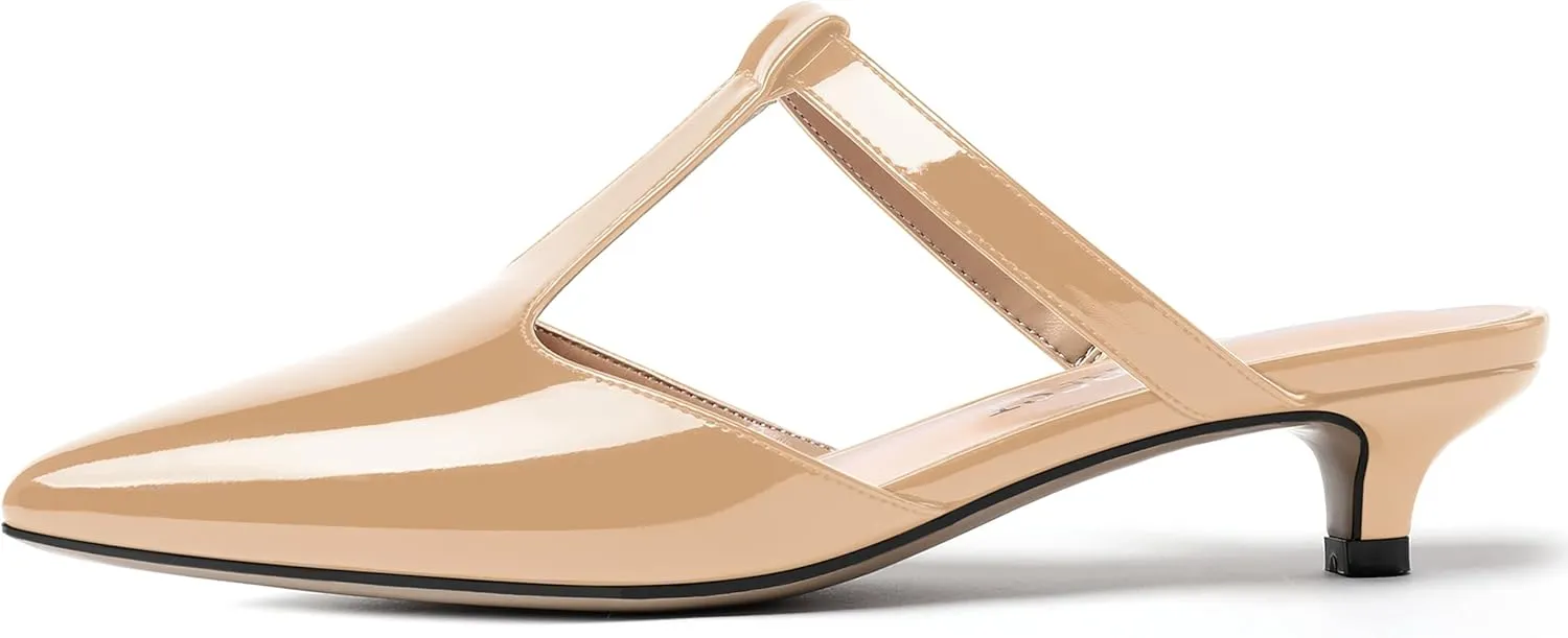 MODENCOCO Women's T Strap Pointed Toe Dress Party Slip On Comfortable Patent Kitten Low Heel Mules Shoes 1.5 Inch