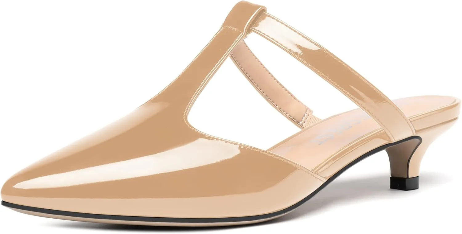 MODENCOCO Women's T Strap Pointed Toe Dress Party Slip On Comfortable Patent Kitten Low Heel Mules Shoes 1.5 Inch
