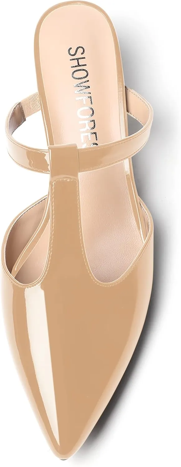 MODENCOCO Women's T Strap Pointed Toe Dress Party Slip On Comfortable Patent Kitten Low Heel Mules Shoes 1.5 Inch