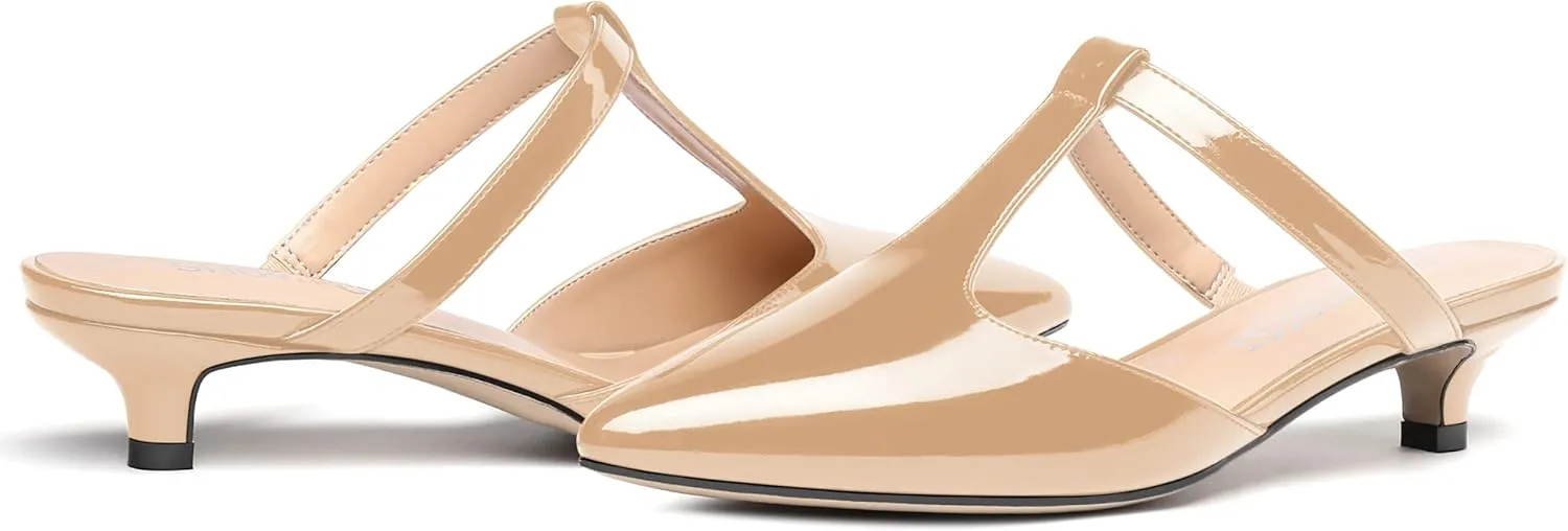 MODENCOCO Women's T Strap Pointed Toe Dress Party Slip On Comfortable Patent Kitten Low Heel Mules Shoes 1.5 Inch