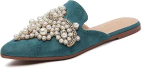 Tilocow Pearl Decor Mules for Women Flats Pointed Toe Backless Flat Slip On Slides Women's Mule Shoes