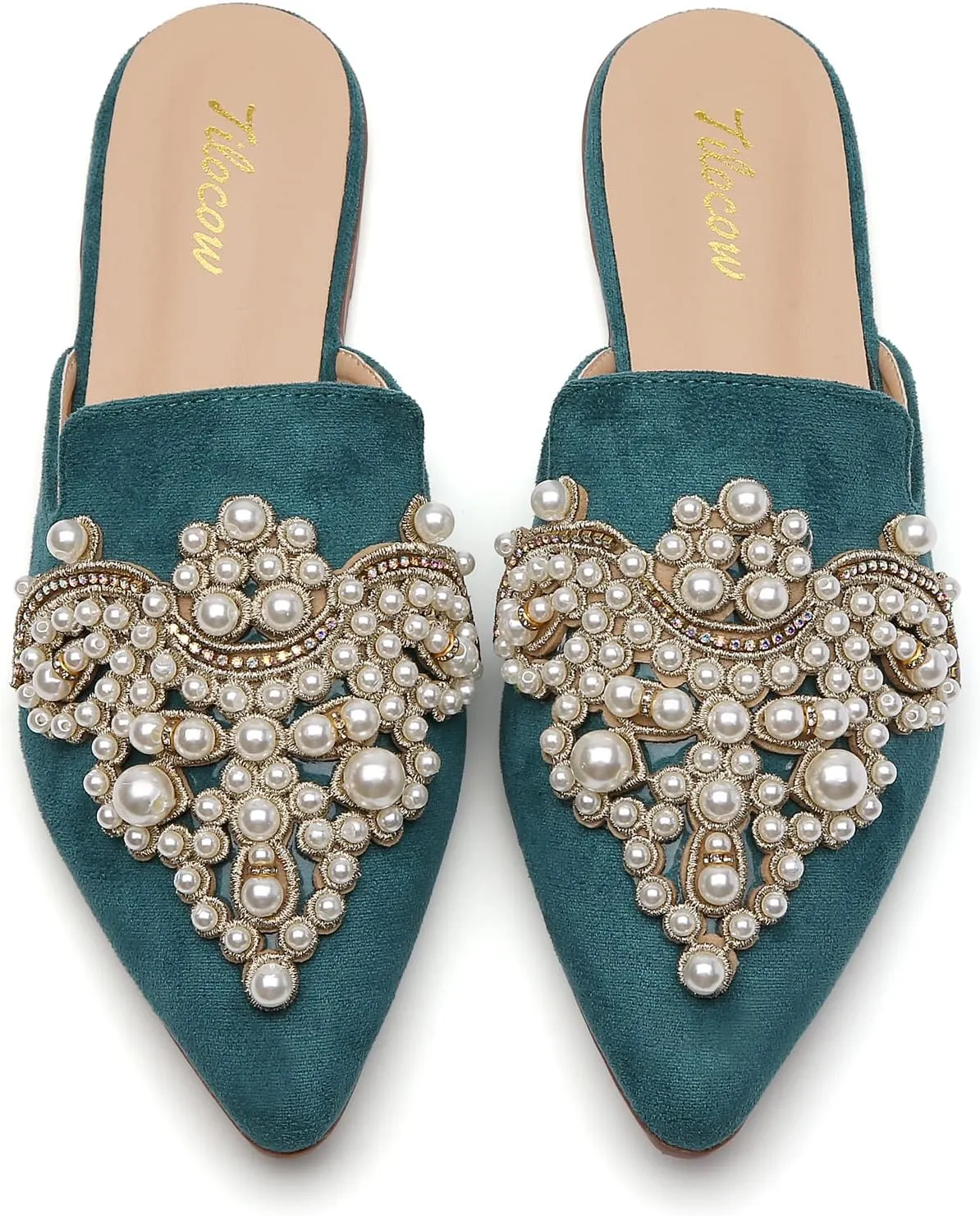 Tilocow Pearl Decor Mules for Women Flats Pointed Toe Backless Flat Slip On Slides Women's Mule Shoes