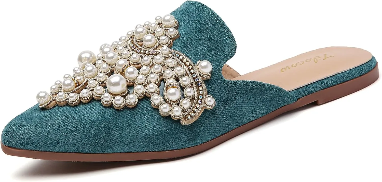 Tilocow Pearl Decor Mules for Women Flats Pointed Toe Backless Flat Slip On Slides Women's Mule Shoes