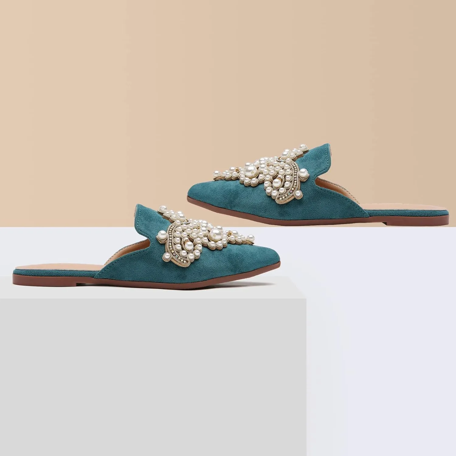 Tilocow Pearl Decor Mules for Women Flats Pointed Toe Backless Flat Slip On Slides Women's Mule Shoes