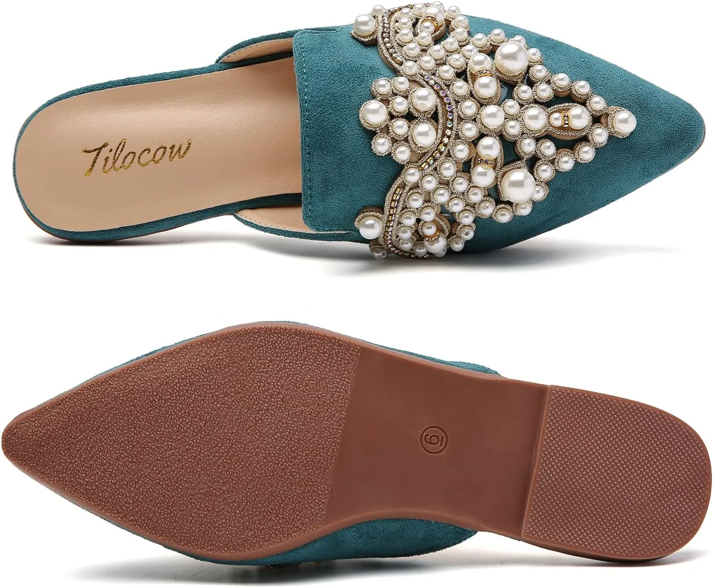 Tilocow Pearl Decor Mules for Women Flats Pointed Toe Backless Flat Slip On Slides Women's Mule Shoes