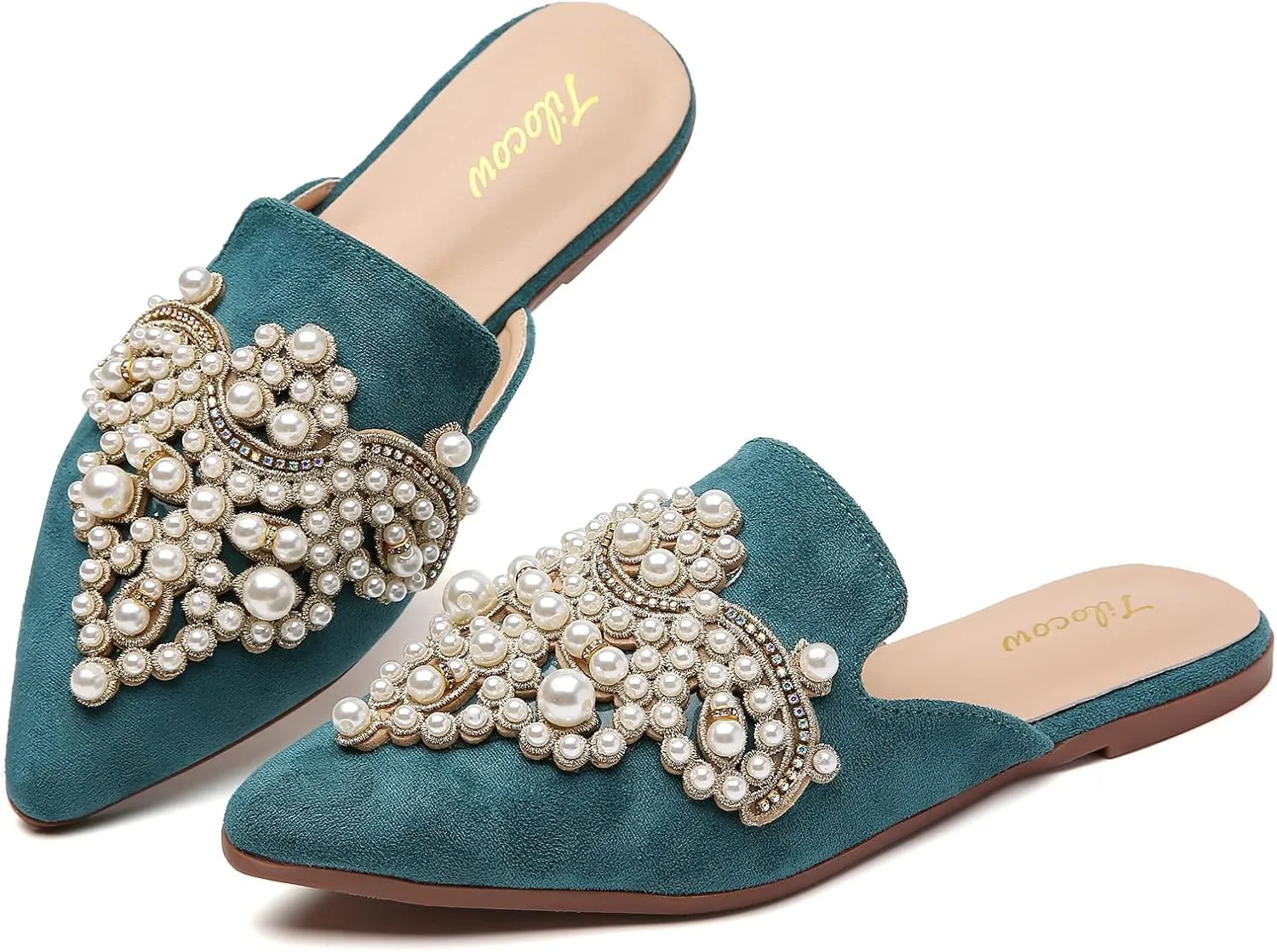 Tilocow Pearl Decor Mules for Women Flats Pointed Toe Backless Flat Slip On Slides Women's Mule Shoes
