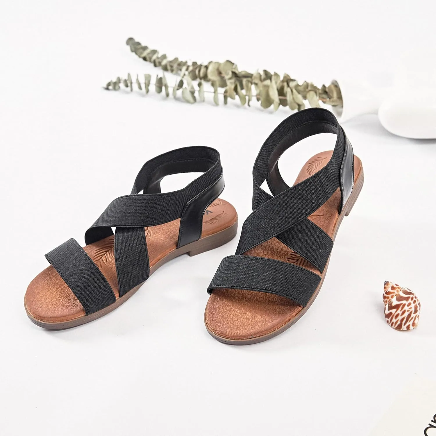 Veittes Women's Flat Slide Sandals - Fashionable Elastic Ankle Strap Comfortable Flat Summer Sandals.