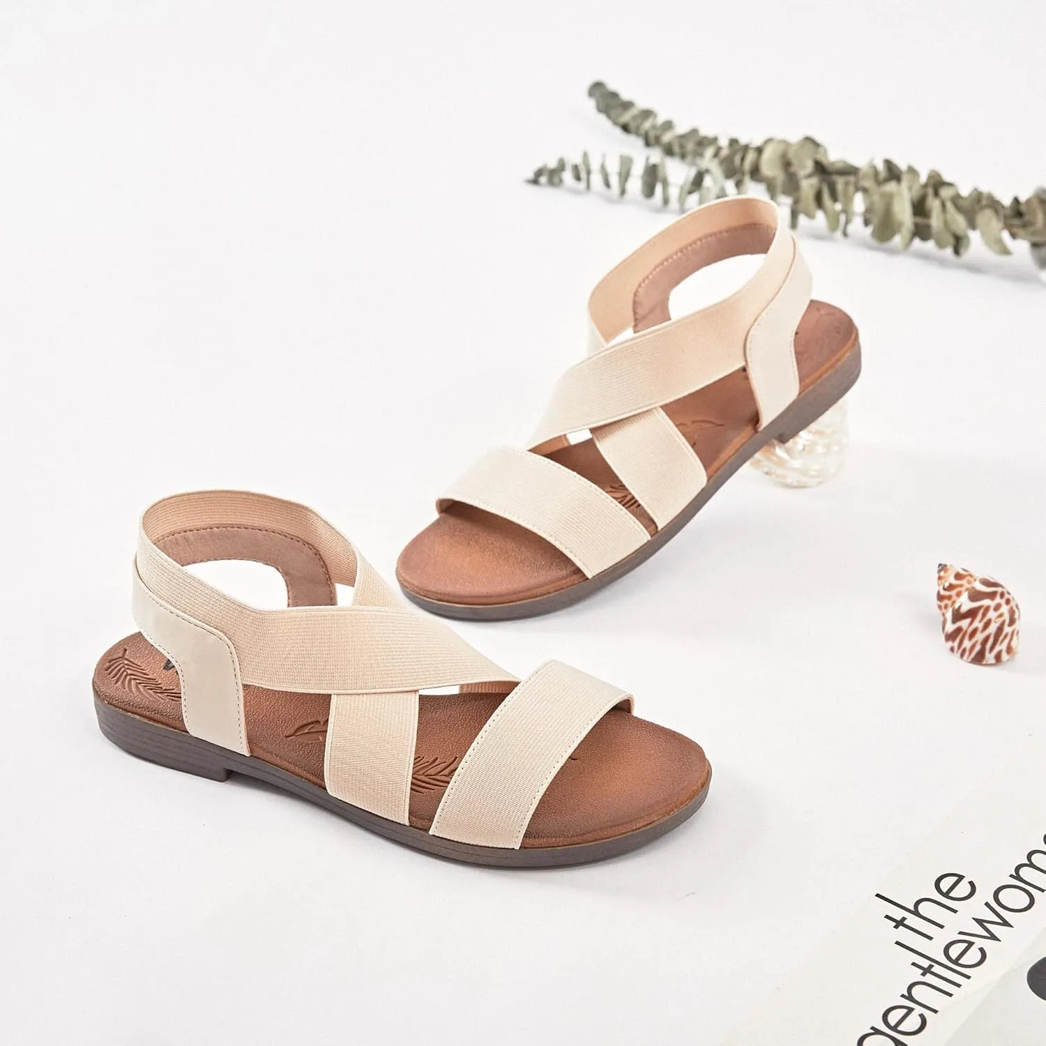 Veittes Women's Flat Slide Sandals - Fashionable Elastic Ankle Strap Comfortable Flat Summer Sandals.