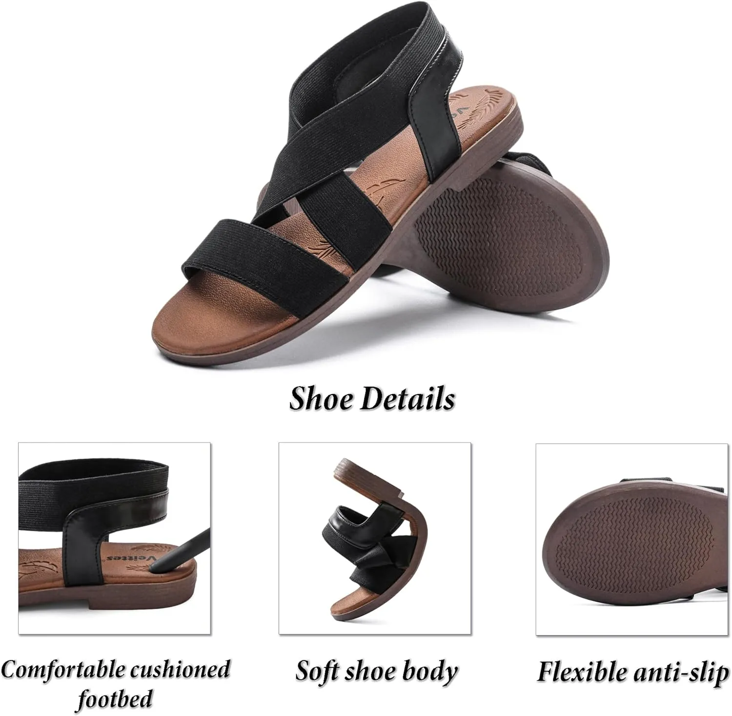 Veittes Women's Flat Slide Sandals - Fashionable Elastic Ankle Strap Comfortable Flat Summer Sandals.