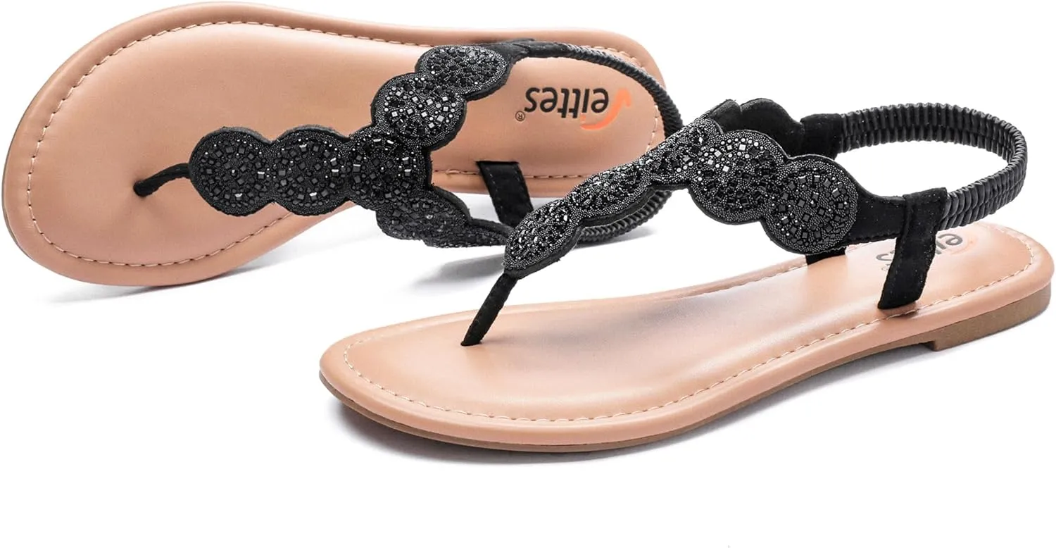 Veittes Women's Flat Slide Sandals - Fashionable Elastic Ankle Strap Comfortable Flat Summer Sandals.