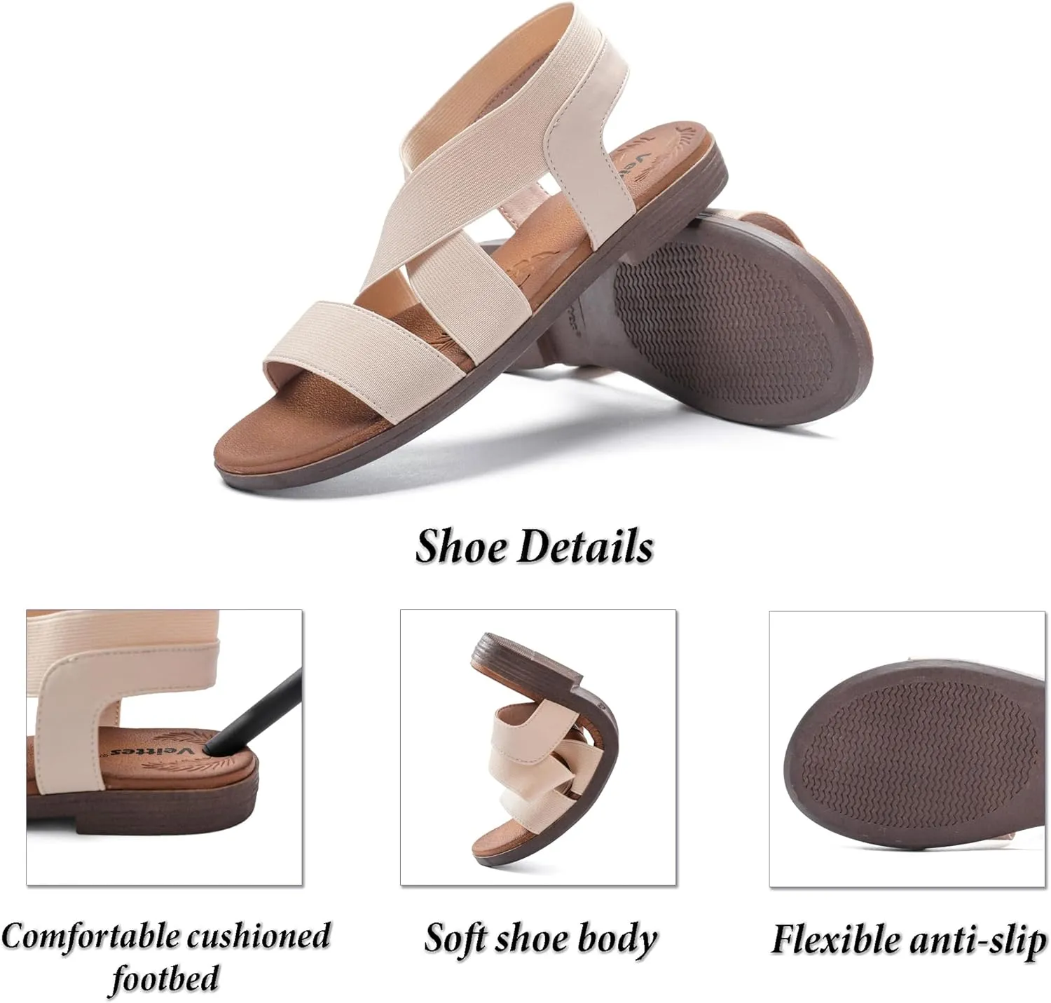 Veittes Women's Flat Slide Sandals - Fashionable Elastic Ankle Strap Comfortable Flat Summer Sandals.