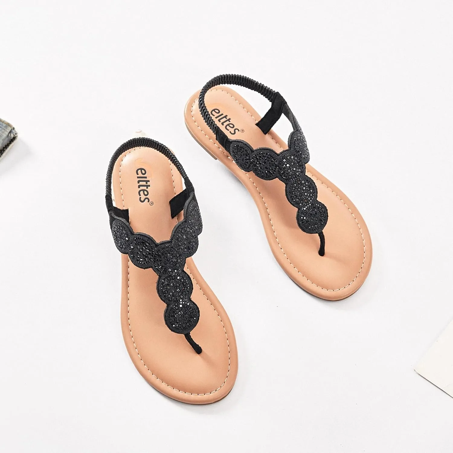 Veittes Women's Flat Slide Sandals - Fashionable Elastic Ankle Strap Comfortable Flat Summer Sandals.