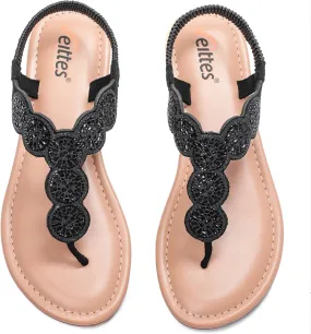 Veittes Women's Flat Slide Sandals - Fashionable Elastic Ankle Strap Comfortable Flat Summer Sandals.