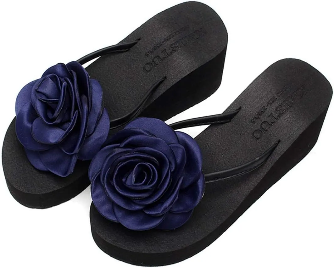VOKLIN Women's Wedge High Heel Flipflop Sandals Bohemian Flowers Summer Platform Nonslip Beach Thong Sandal