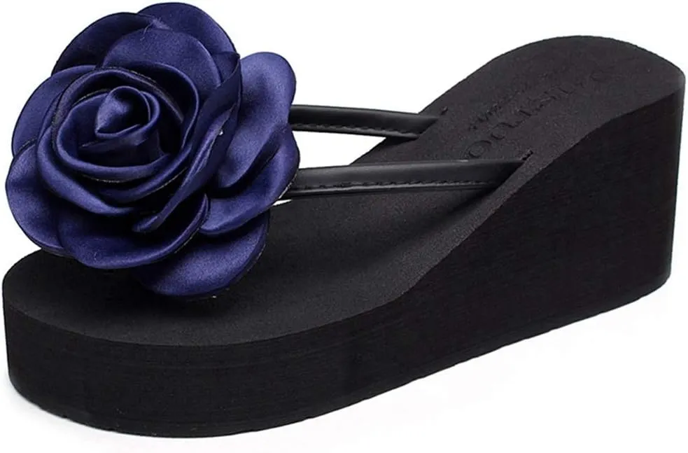 VOKLIN Women's Wedge High Heel Flipflop Sandals Bohemian Flowers Summer Platform Nonslip Beach Thong Sandal
