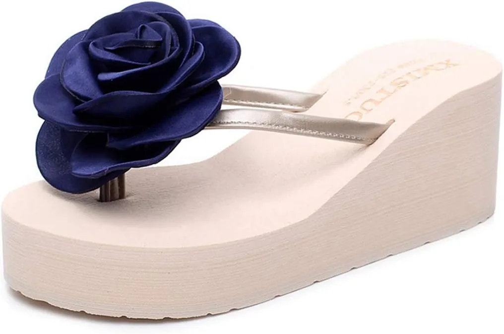 VOKLIN Women's Wedge High Heel Flipflop Sandals Bohemian Flowers Summer Platform Nonslip Beach Thong Sandal