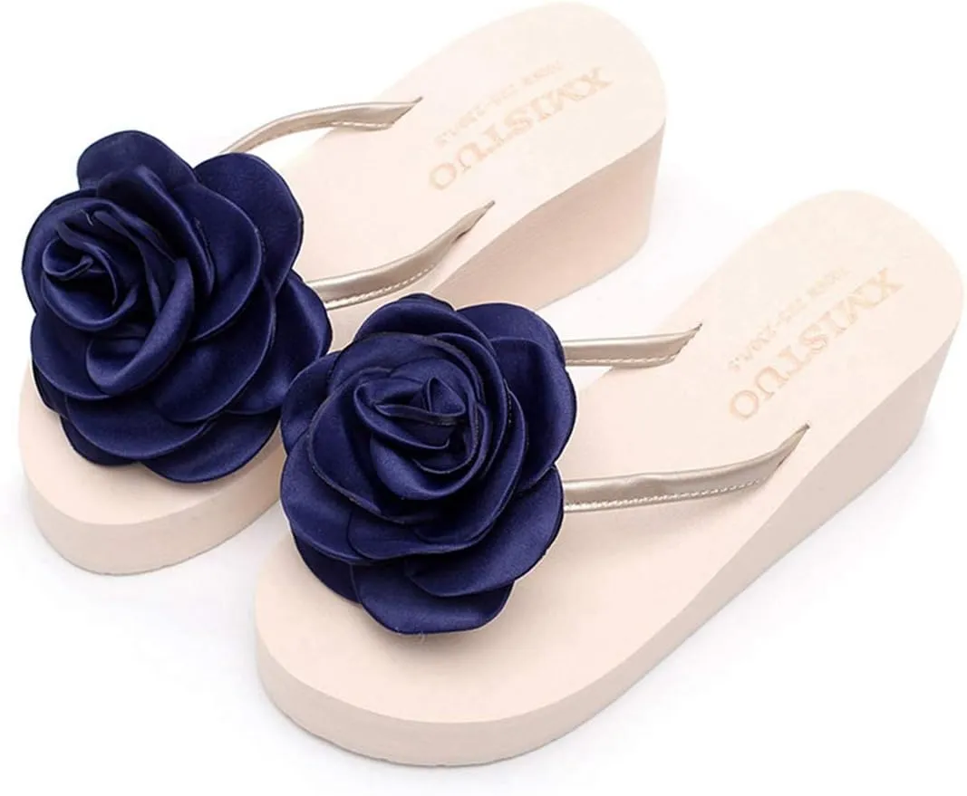 VOKLIN Women's Wedge High Heel Flipflop Sandals Bohemian Flowers Summer Platform Nonslip Beach Thong Sandal