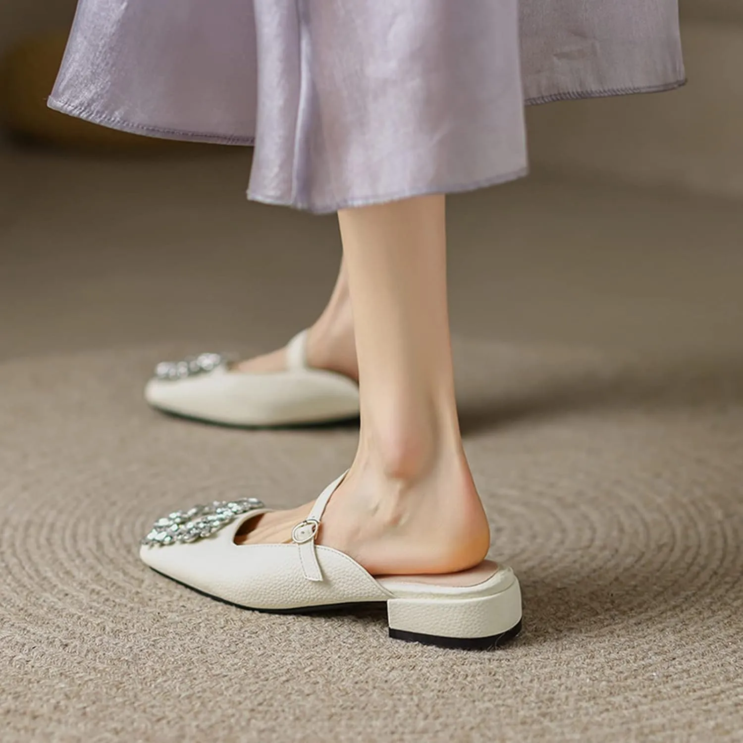 Women Rhinestone Buckle Mules Backless Slip on Closed Square Toe Flat Low Heel Slide Mary Janes Shoes