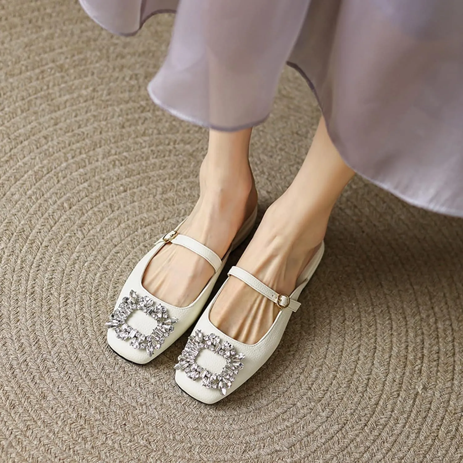 Women Rhinestone Buckle Mules Backless Slip on Closed Square Toe Flat Low Heel Slide Mary Janes Shoes