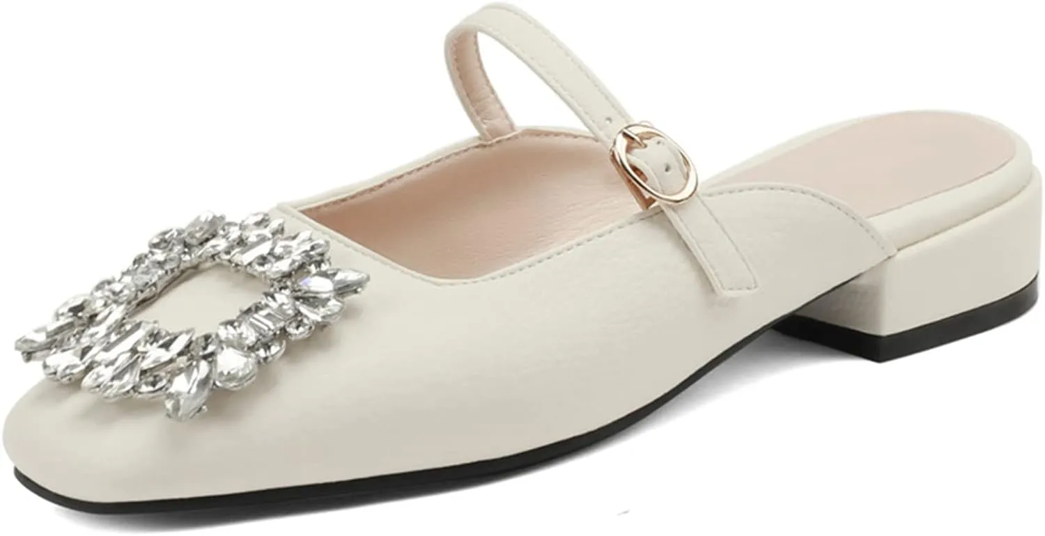 Women Rhinestone Buckle Mules Backless Slip on Closed Square Toe Flat Low Heel Slide Mary Janes Shoes