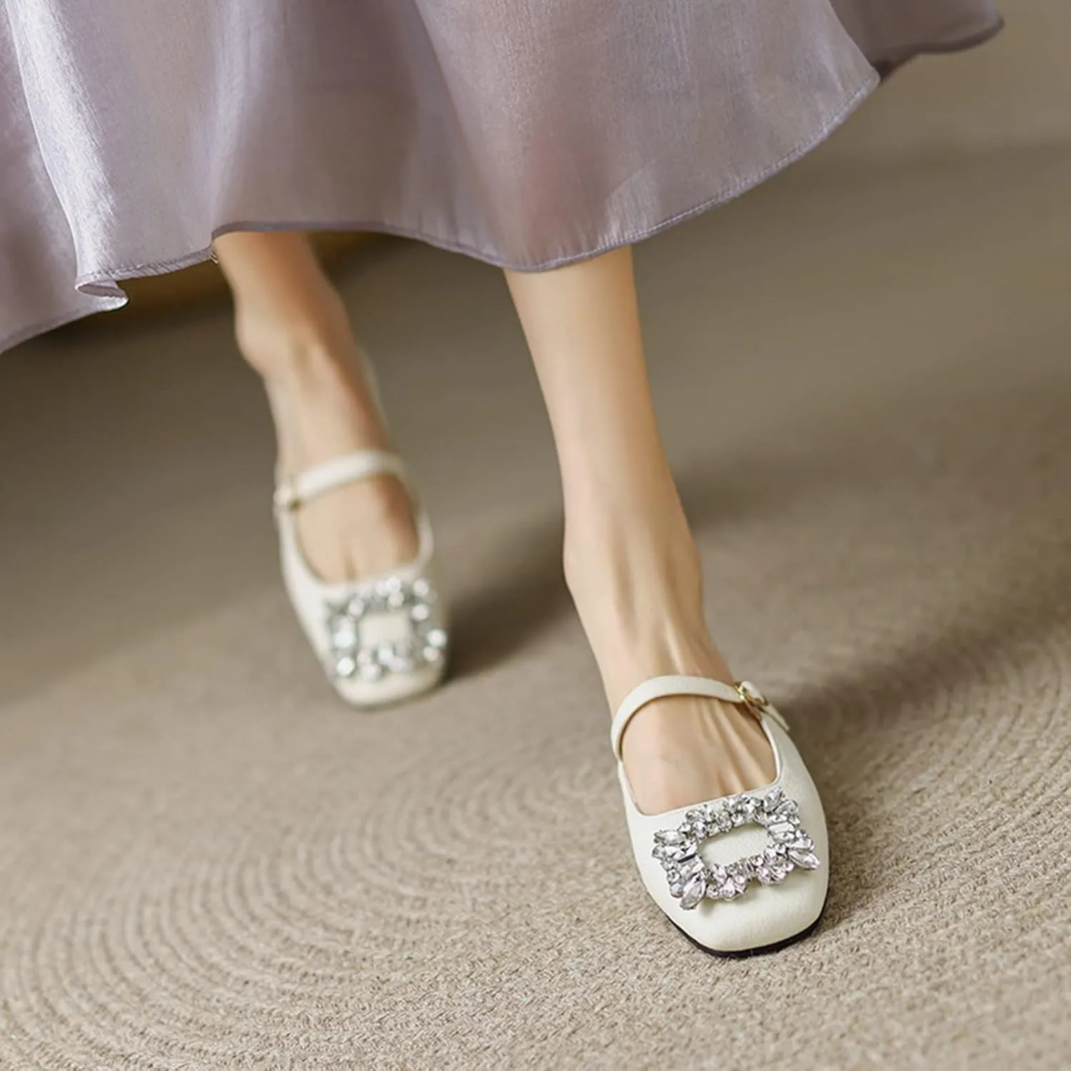 Women Rhinestone Buckle Mules Backless Slip on Closed Square Toe Flat Low Heel Slide Mary Janes Shoes