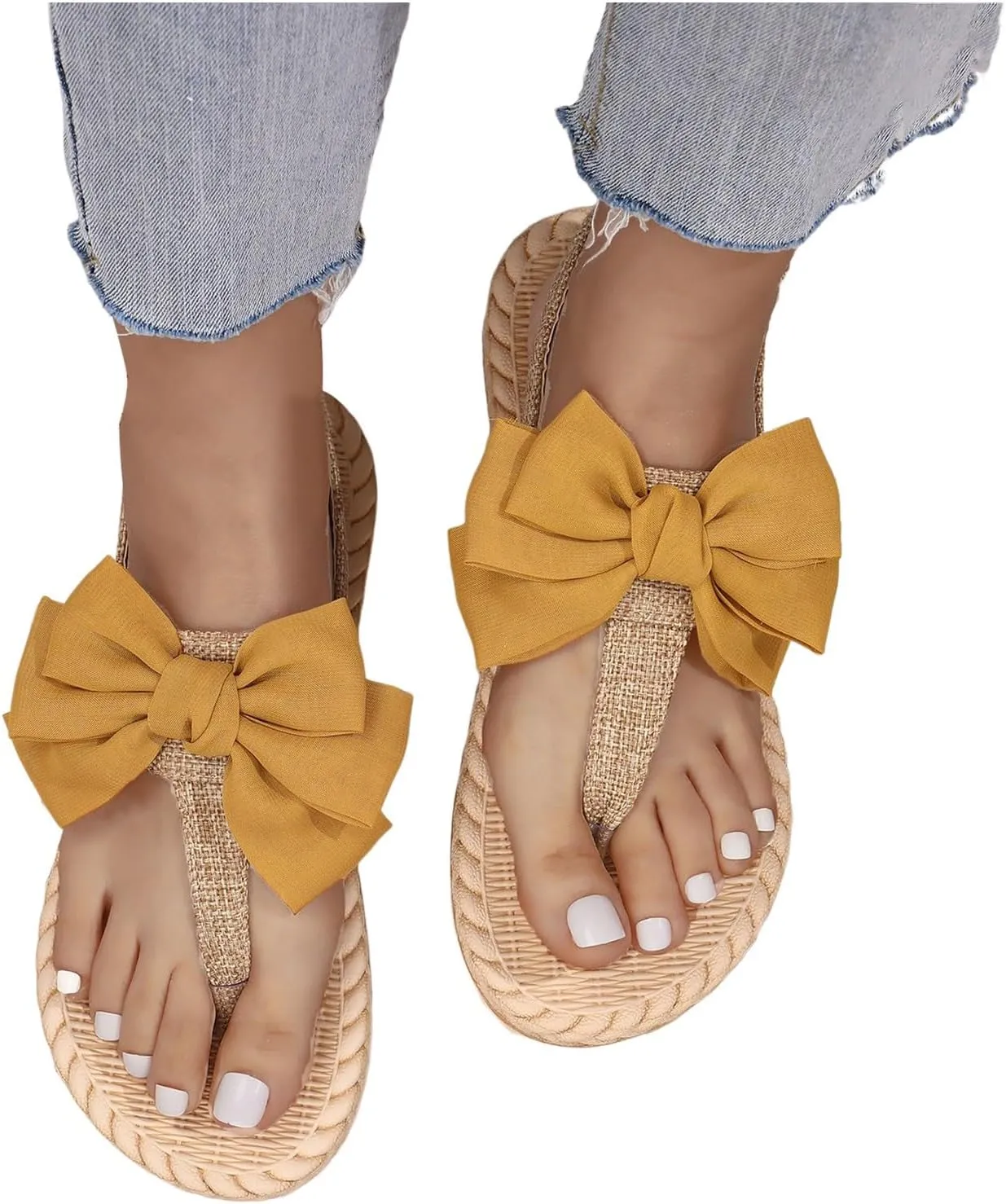 Womens Flat Flat Flip Sandals 2025 Casual Summer Wide Width Slides with Rope Sole Fashionable Indoor Outdoor Beaded Bow Summer Walking Shoes Slippers