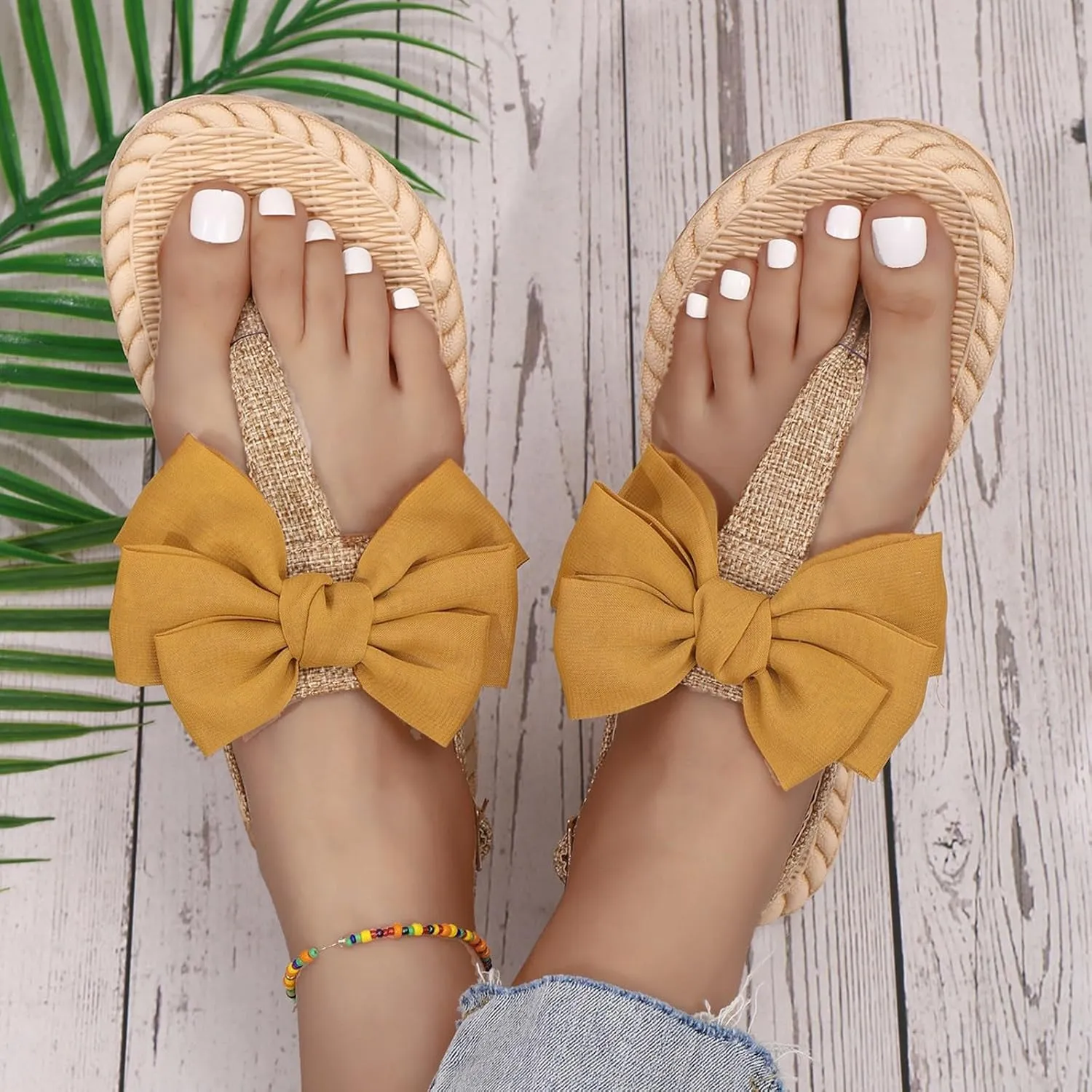 Womens Flat Flat Flip Sandals 2025 Casual Summer Wide Width Slides with Rope Sole Fashionable Indoor Outdoor Beaded Bow Summer Walking Shoes Slippers