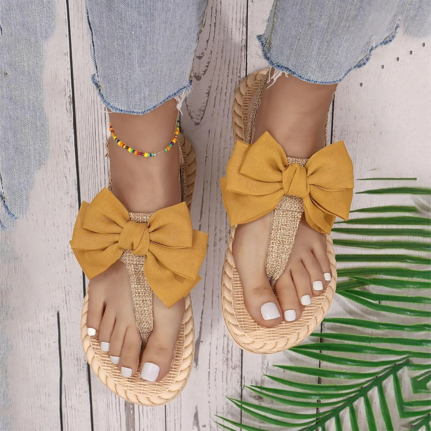 Womens Flat Flat Flip Sandals 2025 Casual Summer Wide Width Slides with Rope Sole Fashionable Indoor Outdoor Beaded Bow Summer Walking Shoes Slippers