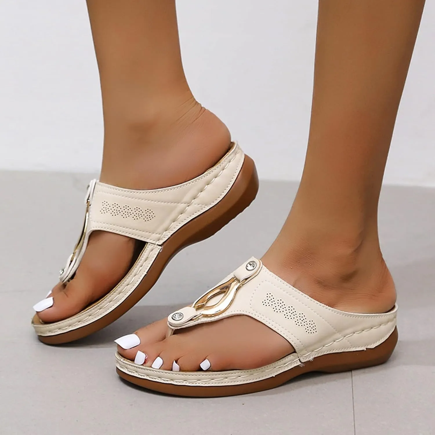 ZSpzx Women's Leather Orthopedic Arch Support Walking Sandals, Summer Adjustable slip on Platforms Orthotic Wedge Sandals, Casual Comfortable Pinch Toe Beach Flipflops Slippers