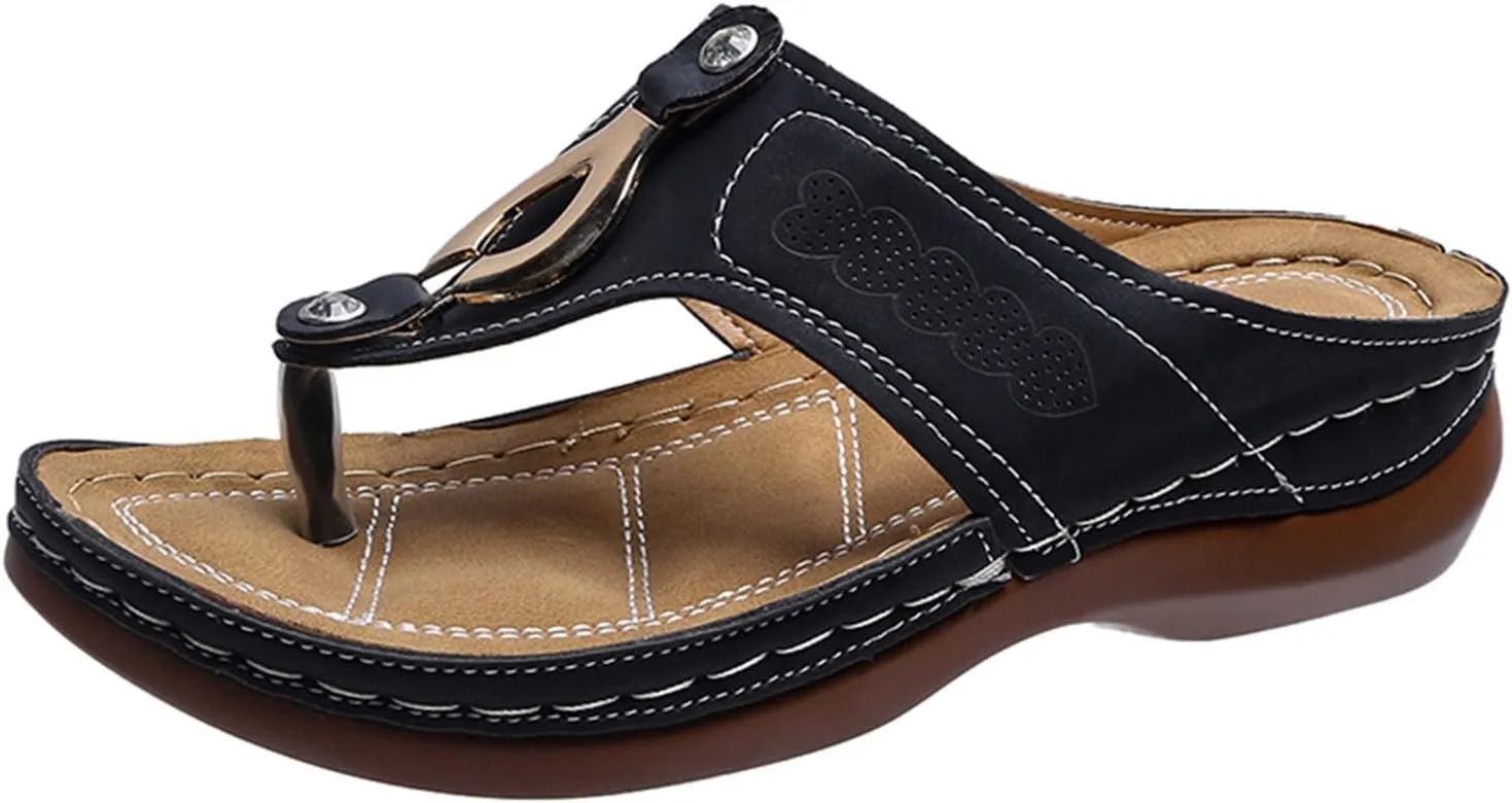 ZSpzx Women's Leather Orthopedic Arch Support Walking Sandals, Summer Adjustable slip on Platforms Orthotic Wedge Sandals, Casual Comfortable Pinch Toe Beach Flipflops Slippers